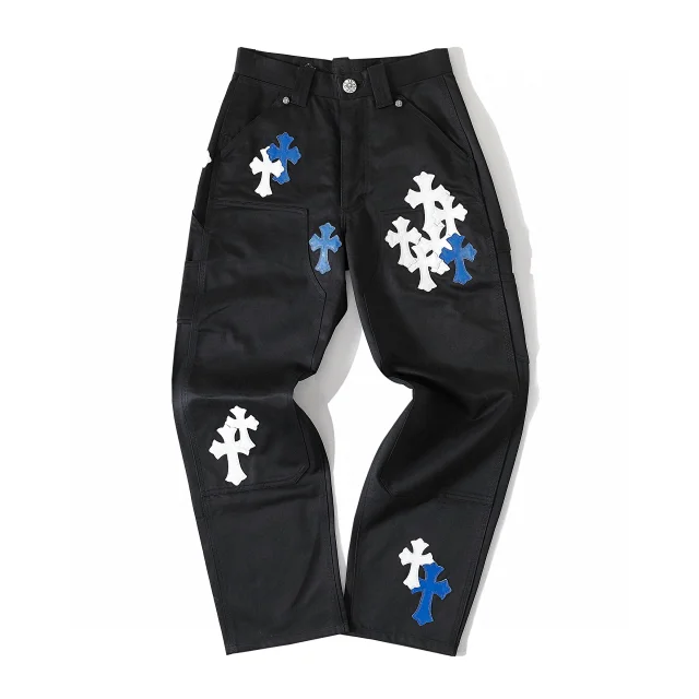 Chrome Hearts Leather Cross Double Knee Pants black